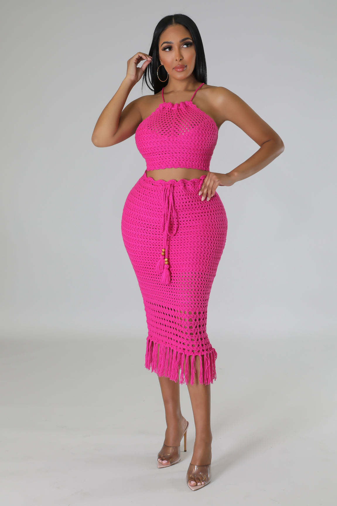 Tassel Fishing Net Knitted Two Piece Set