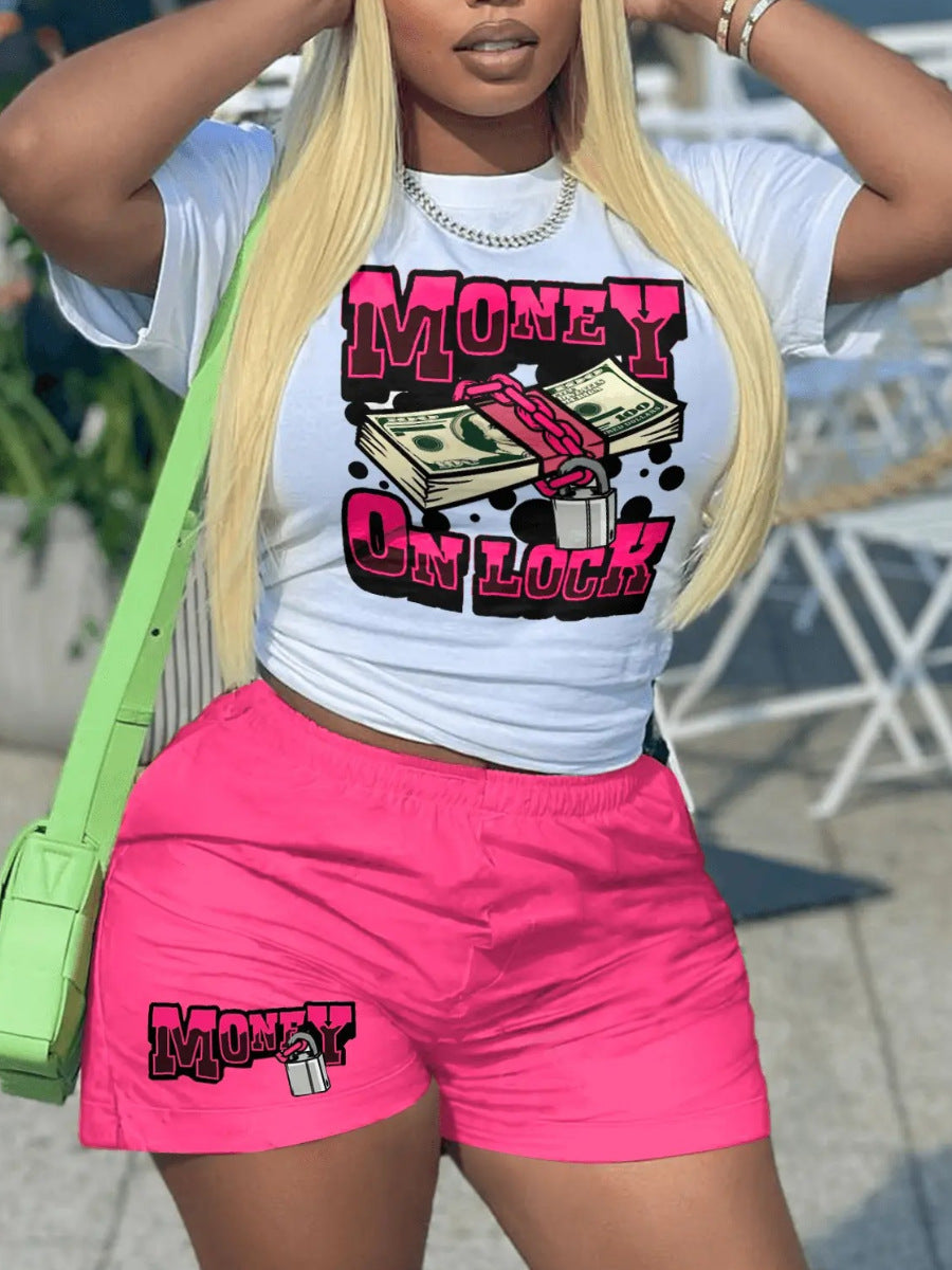 Banknote Printed T-shirt Short Sleeve Shorts 2PC Set