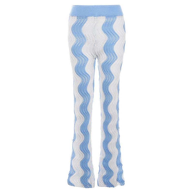 Wave Pattern Color Matching Knitted High Waisted Wide Leg Pants