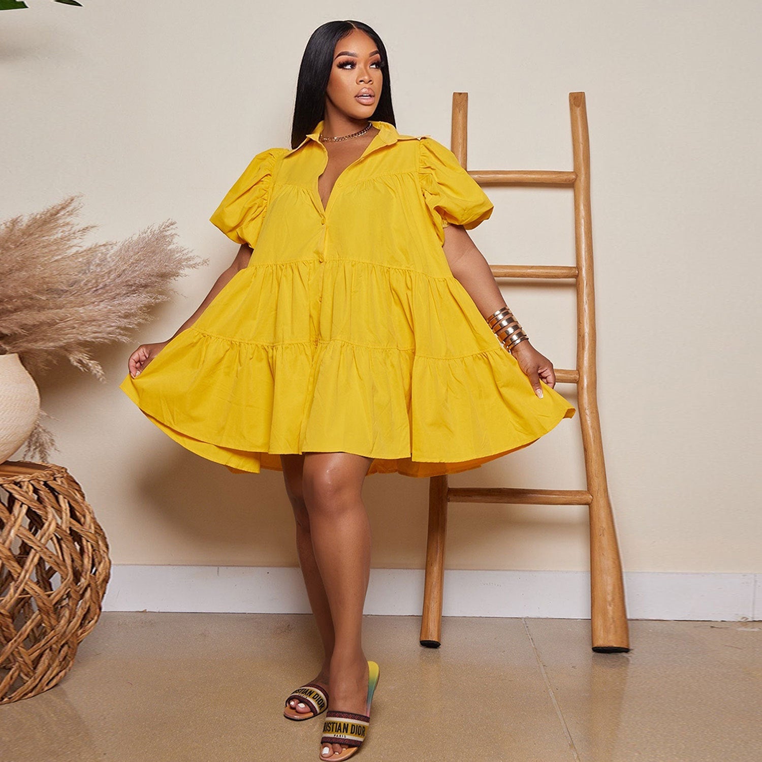 Puff Sleeve Loose Pleated Dress