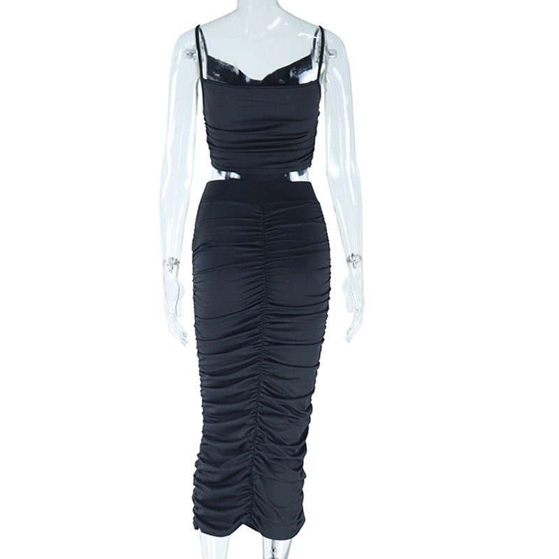 Solid Color Suspender Hip Skirt Two-piece Set