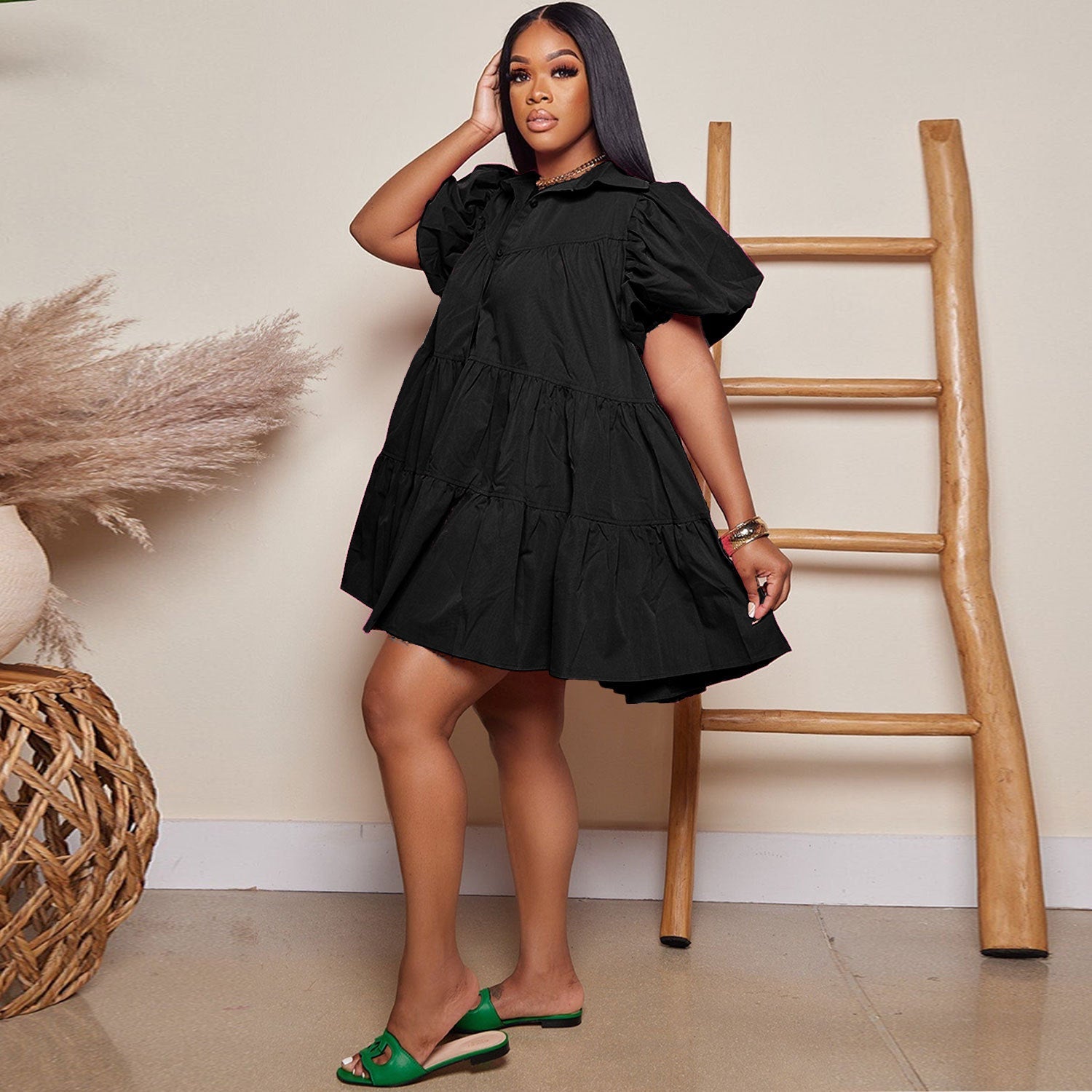 Puff Sleeve Loose Pleated Dress