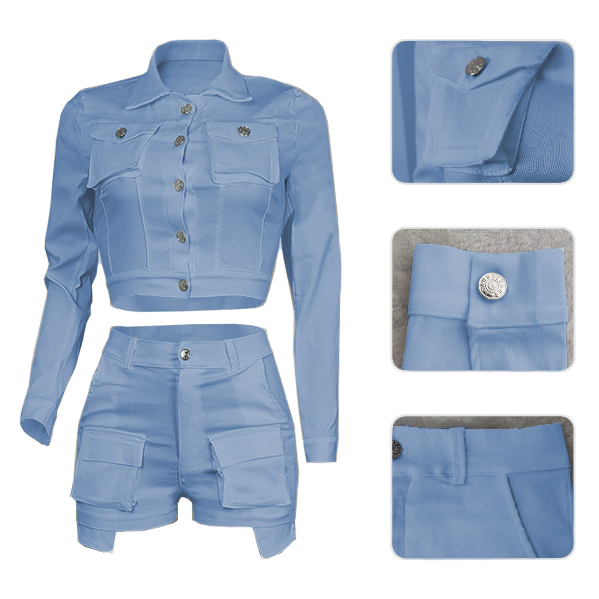 Solid Color Pocket Tooling Casual Two-Piece