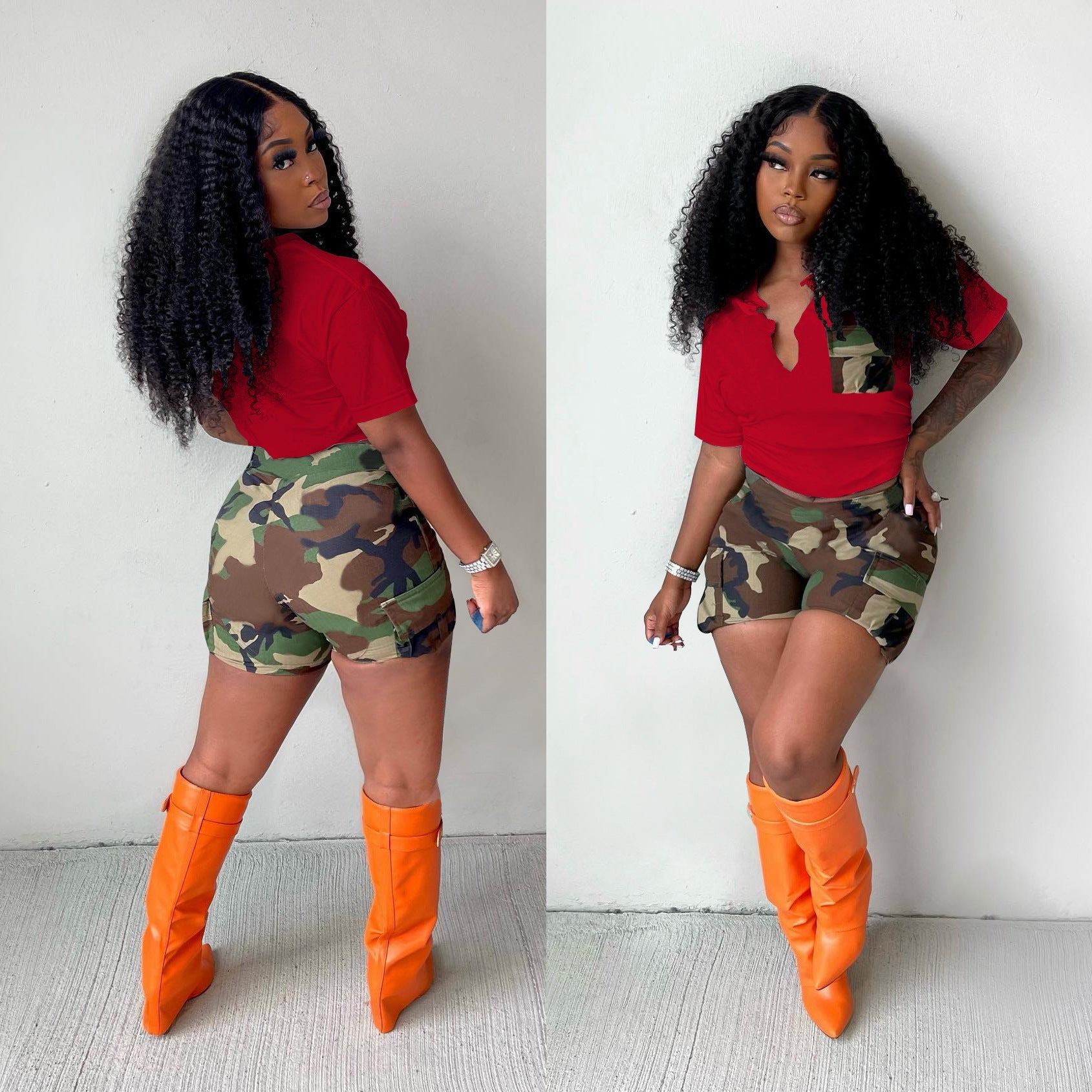 Solid Camouflage Short-Sleeved Shorts T 2PC Set