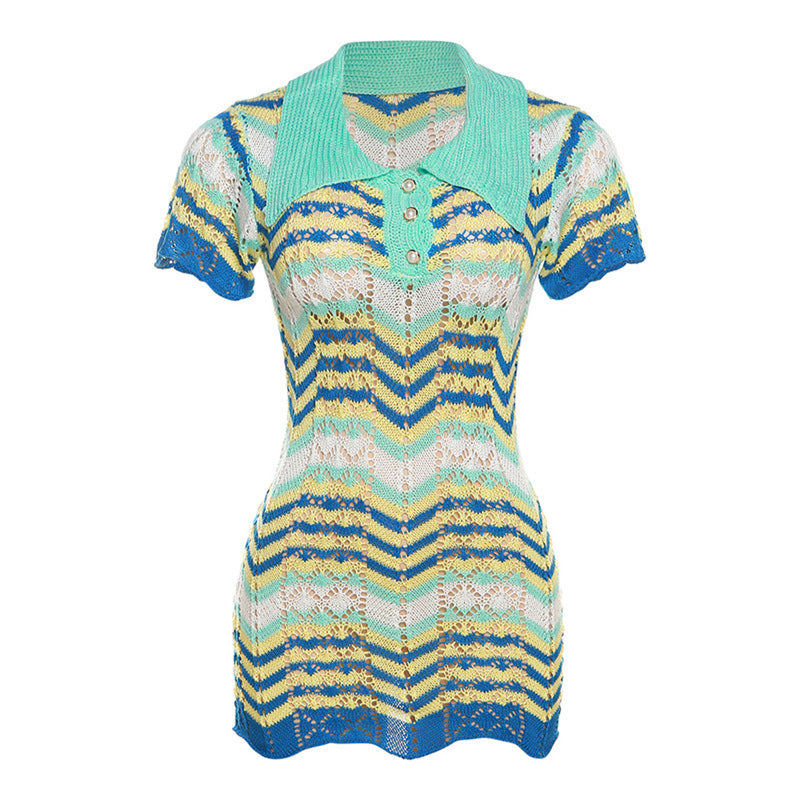 Knitted Dress Polo Color Contrast Dress