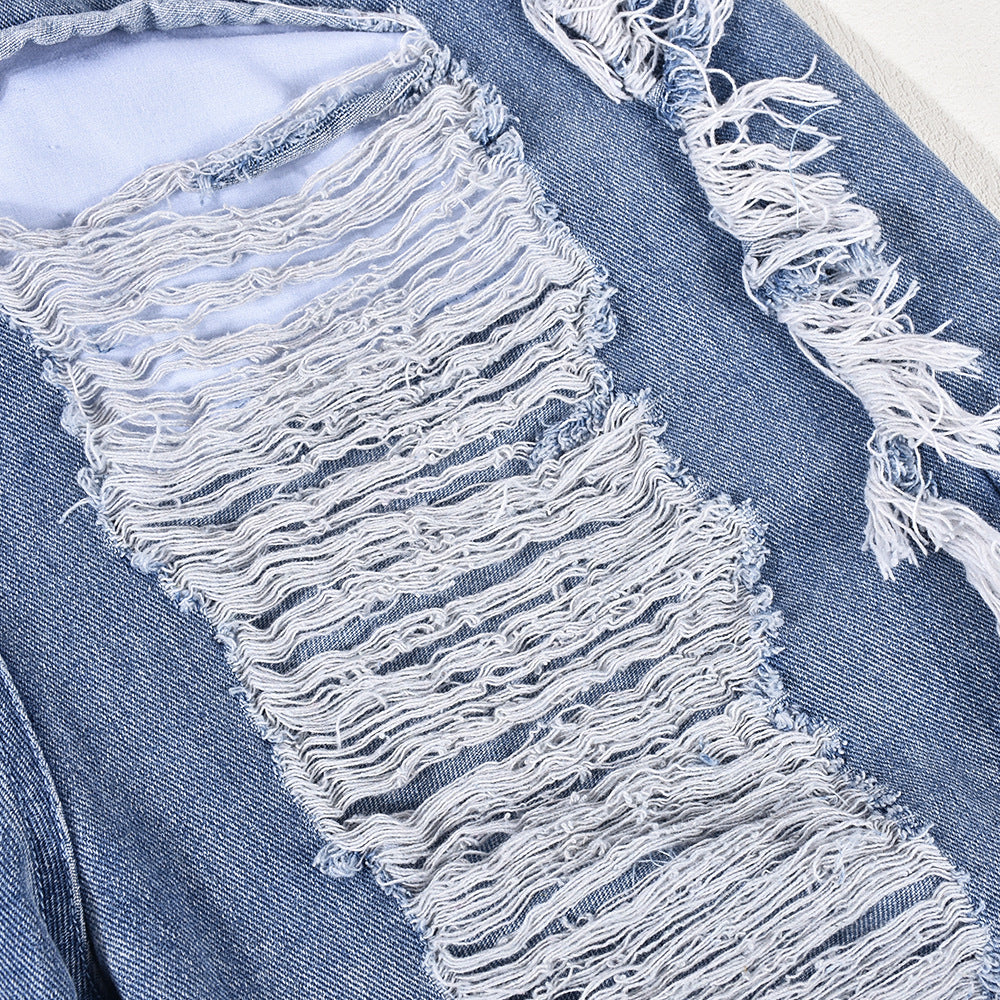 Tassel Hole Rhinestone Washing Water Denim Jumpsuit Female
