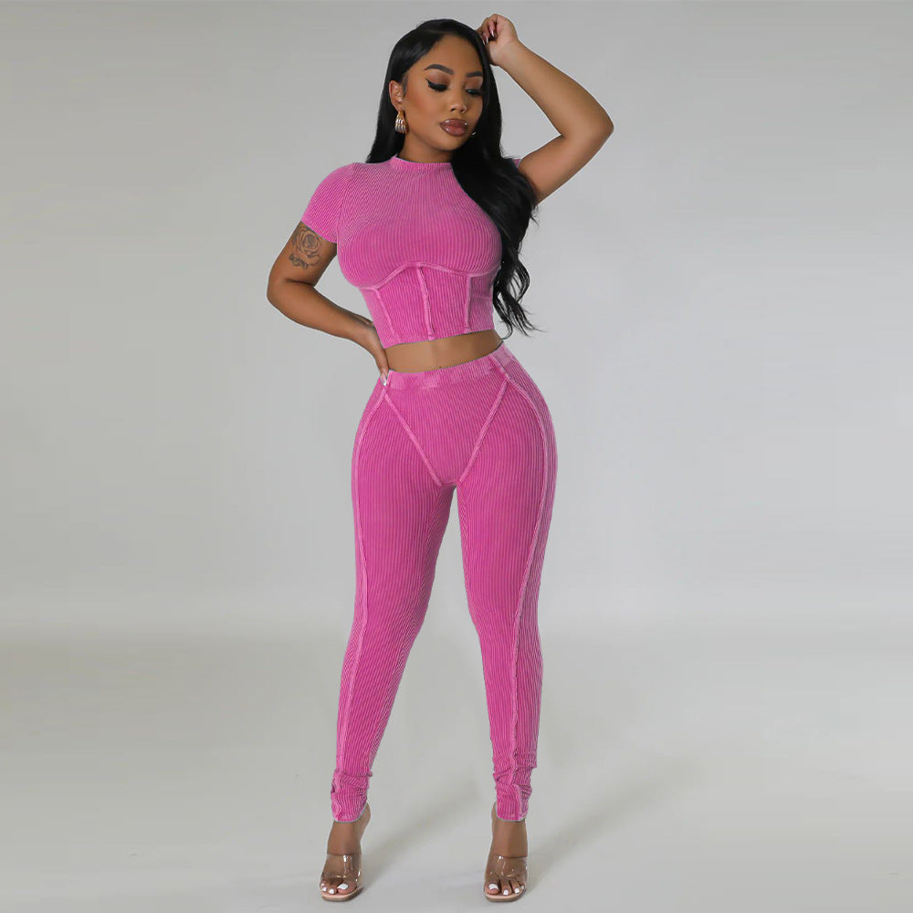 Pit stripe sports round neck tight and navel exposed set