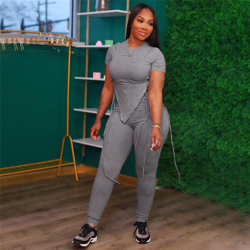 Short-Sleeved Top High Waist Tight Trousers 2pc Set