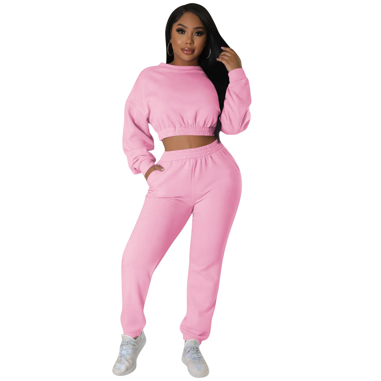 Fashion casual sweatshirt set solid color 2PC set