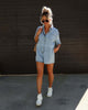Polo Neck Short Sleeved Shorts Denim Jumpsuit