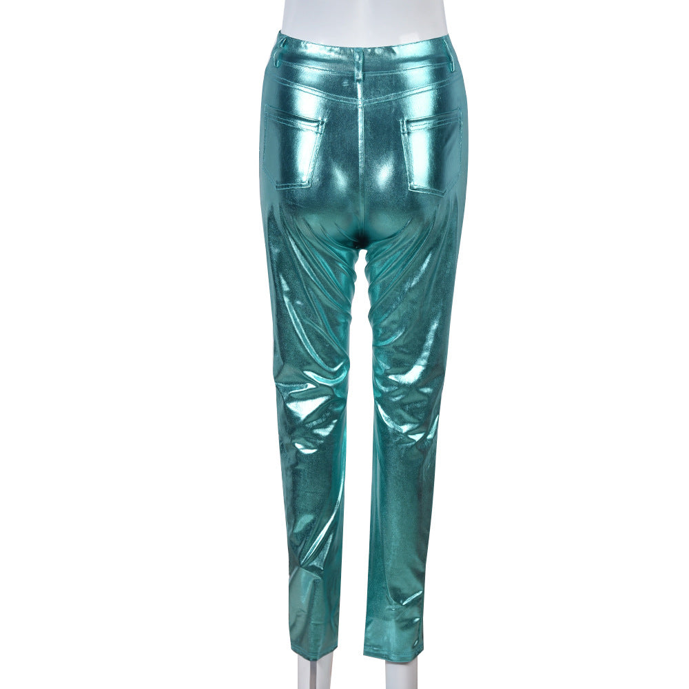 Slim Fit Buttocks Metallic Silver Hot Casual Pants