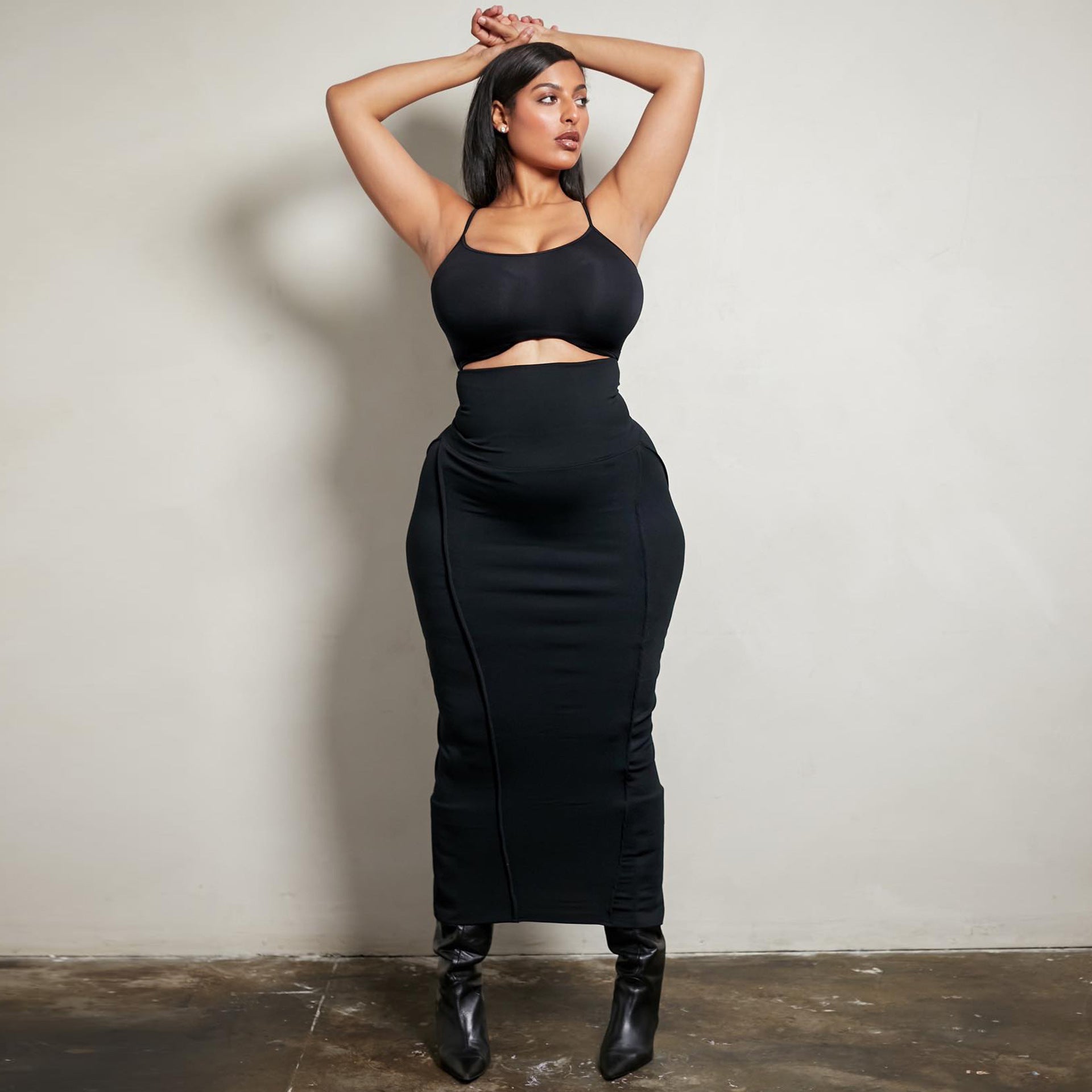 Solid color high waisted elastic waistband patchwork car edge one step skirt long skirt