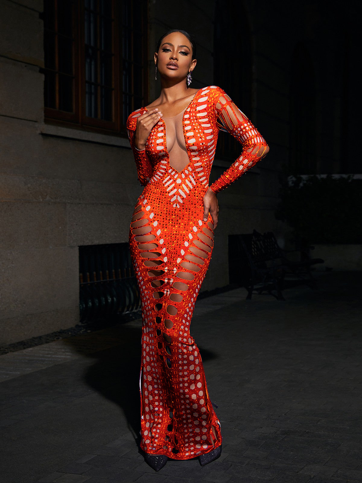 Ripped Skinny Sheath Dress Rhinestone Printed Dress