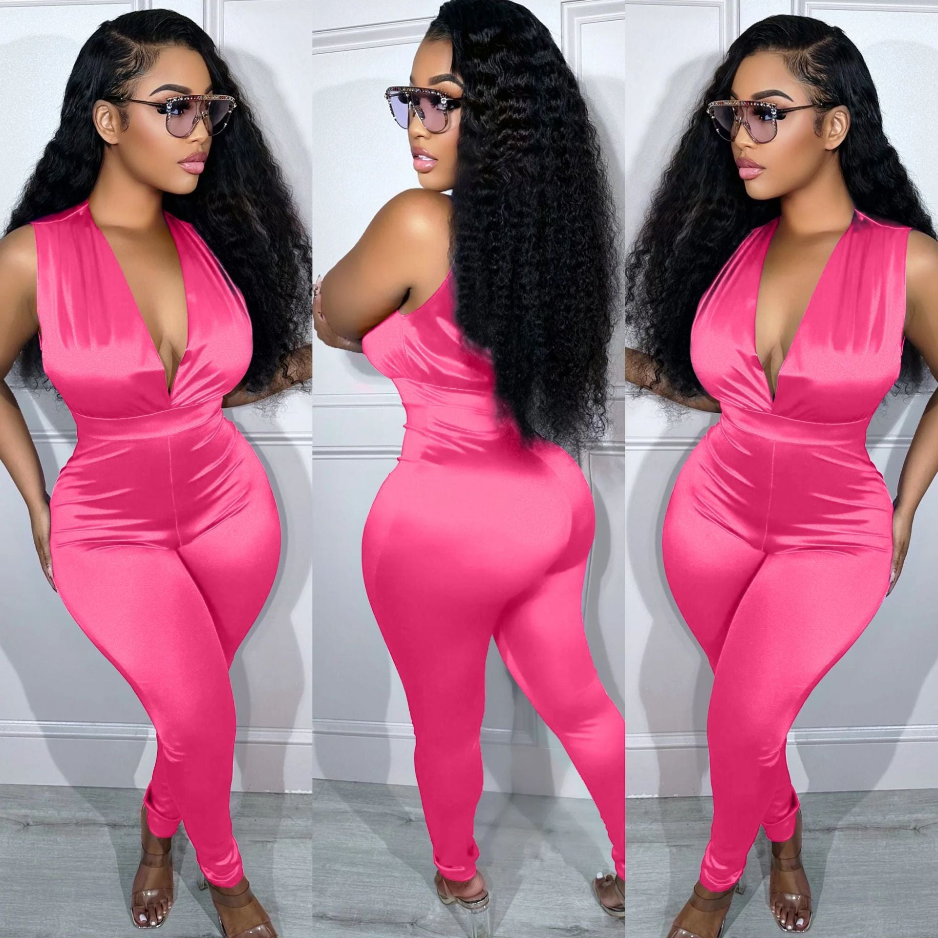 Deep V High Waist Glossy Jumpsuit