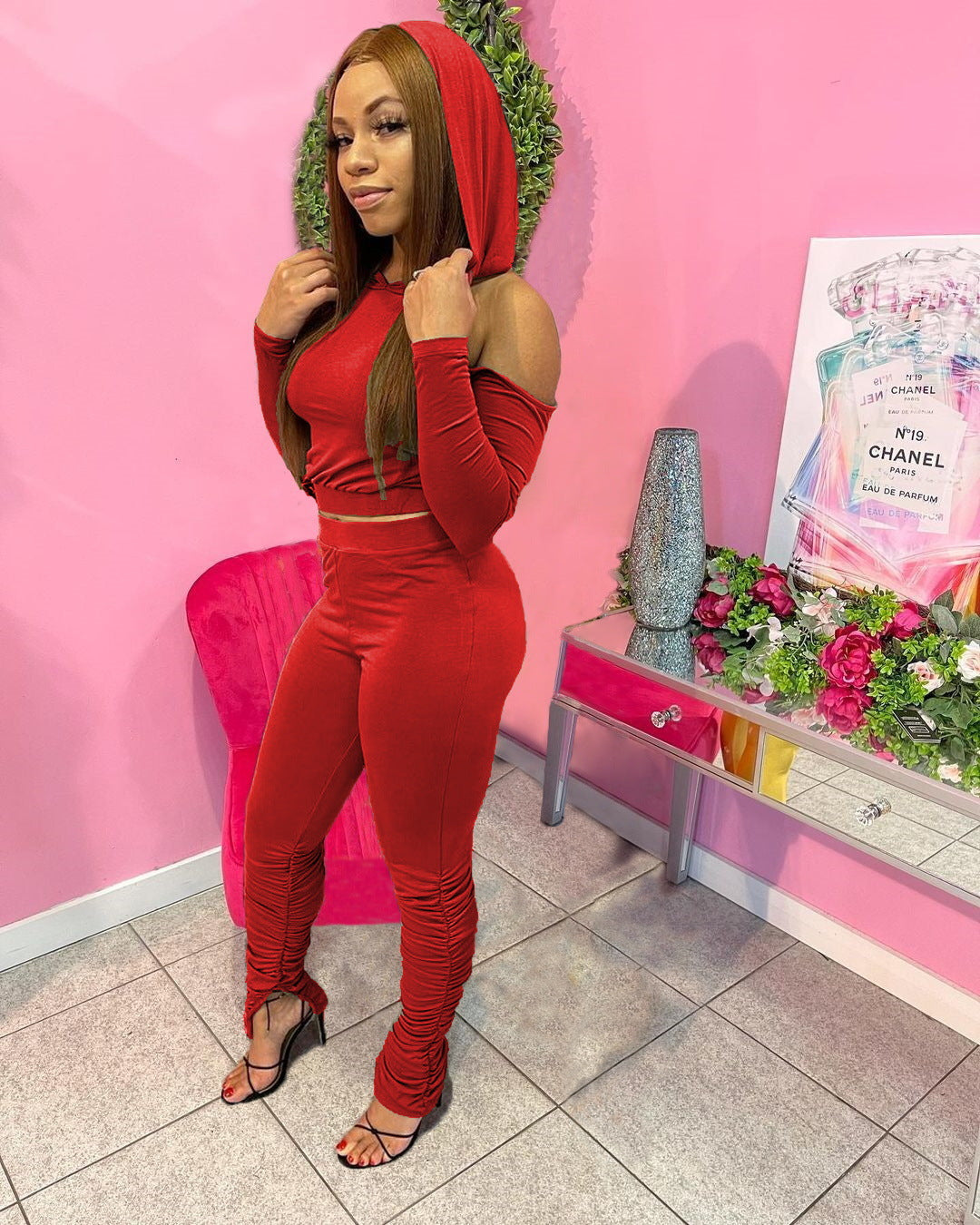 Sexy Lace-up Split Pleated Pants Hooded 2PC SET