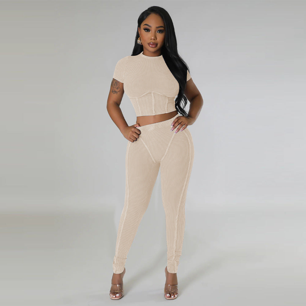 Pit stripe sports round neck tight and navel exposed set