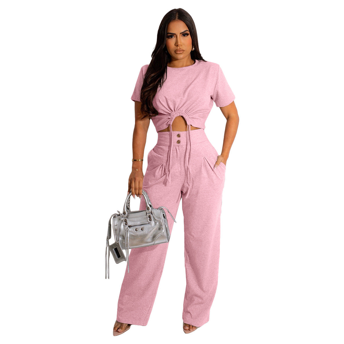 Cotton Short-sleeved Pleated T-shirt Wide-leg Pants Two-piece Suit
