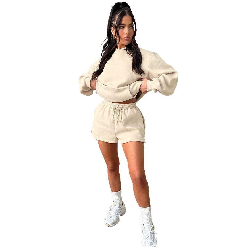 Solid Color Long Sleeved Shorts Hoodie Two-piece Set
