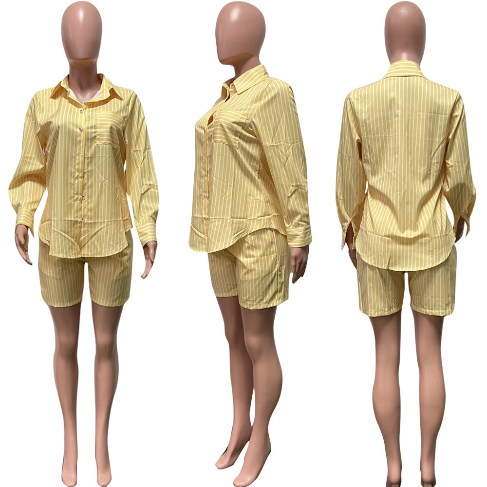 Patch Pocket Vertical Stripes Summer Thin 2PC Set