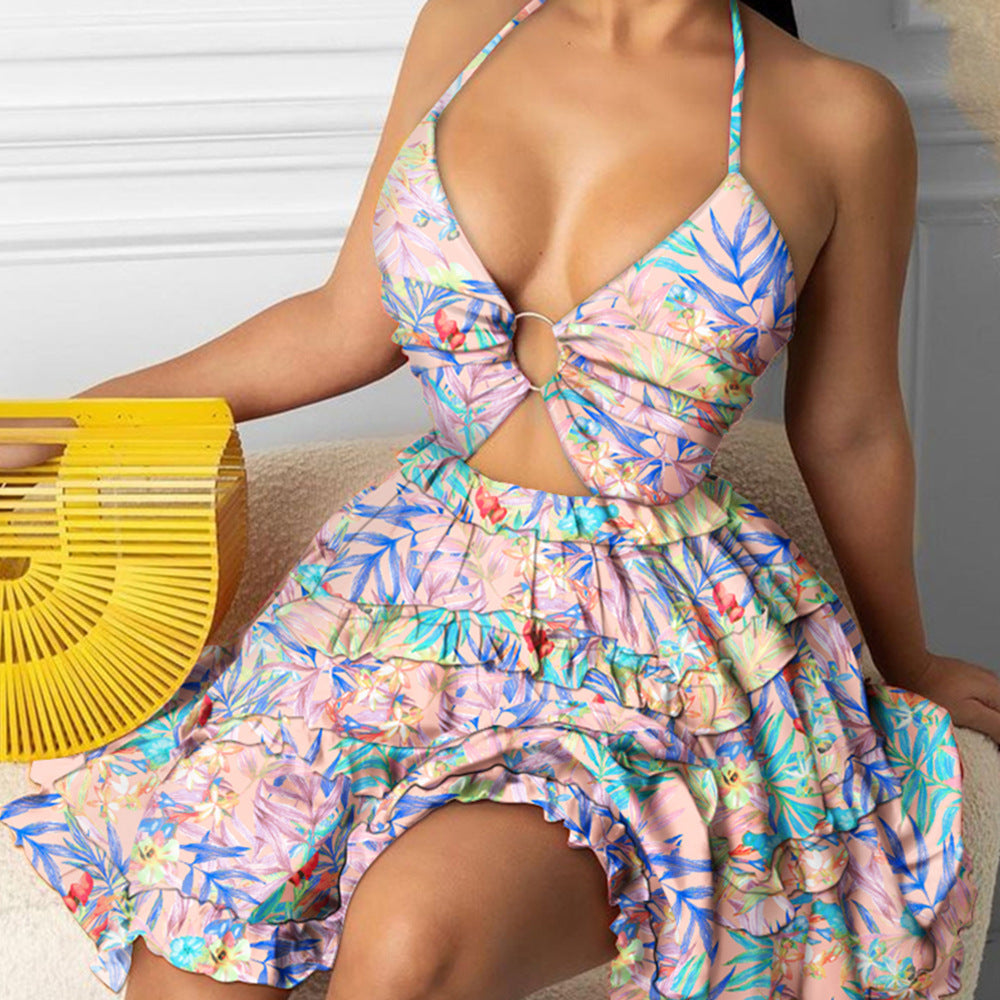 Printed Hollow-out Halter V-neck Cake Dress