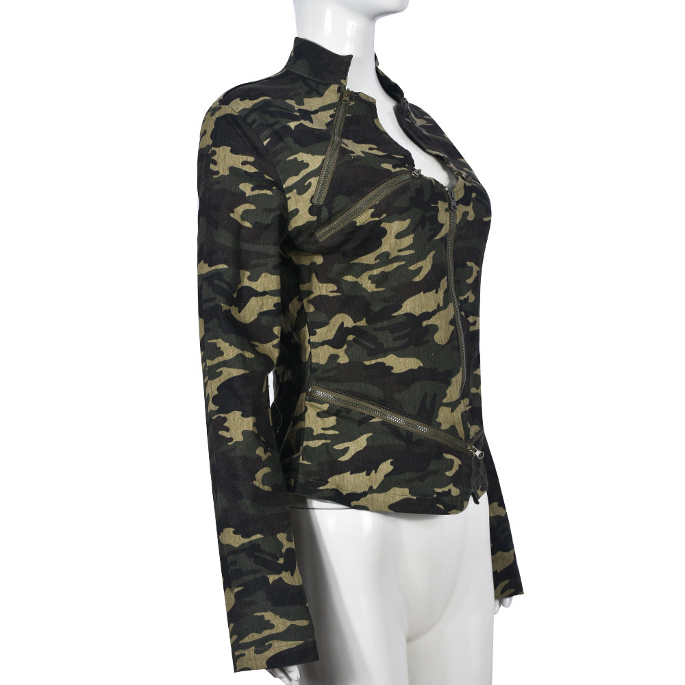 Camouflage Pocket Long-Sleeve Zipper Stand Collar Coat