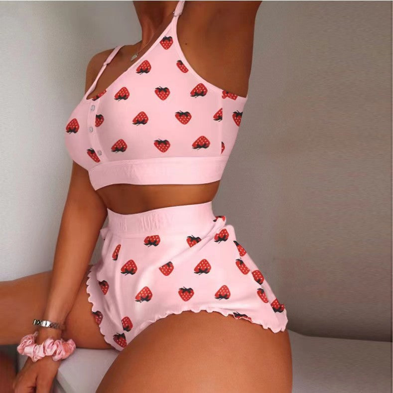 Printed Suspenders Tight Sweet Home Wear Two-Piece Set