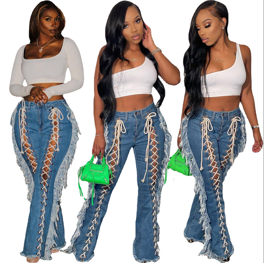 Eyelet String Tassel Straight Jeans