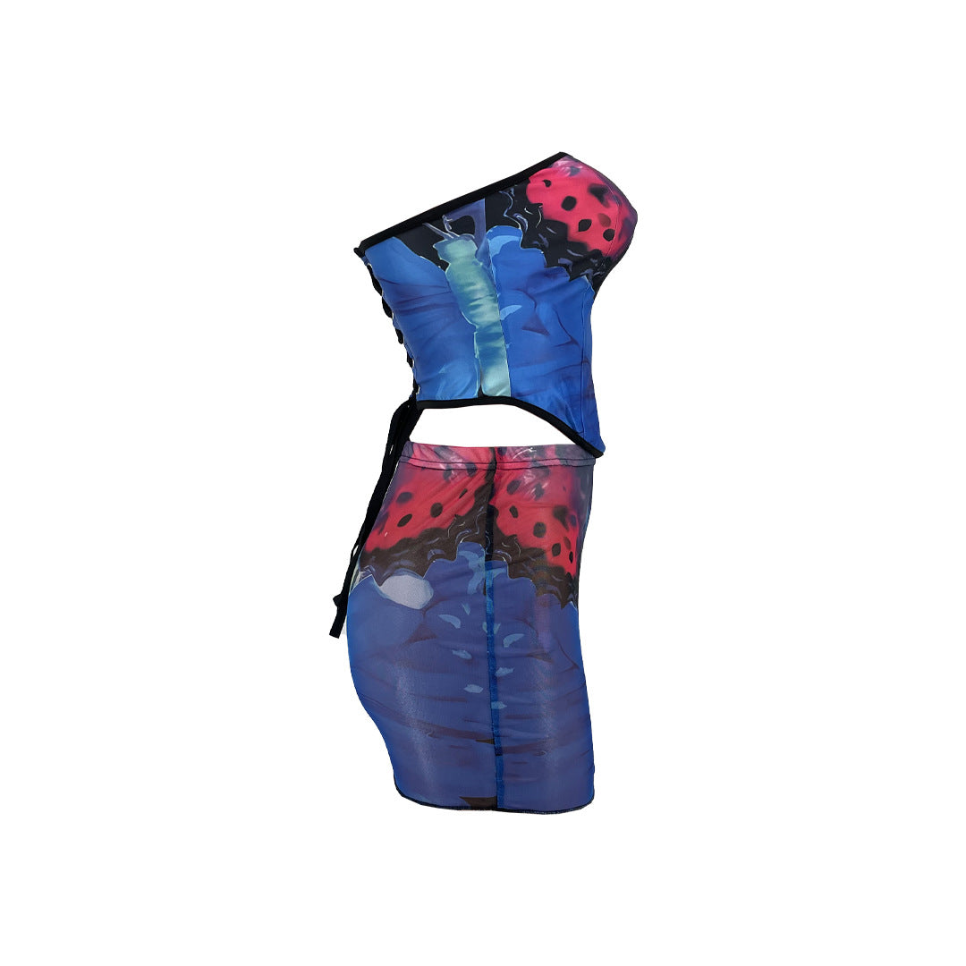 Lace-up Waist Butterfly Print 2PC Skirt