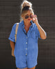 Polo Neck Short Sleeved Shorts Denim Jumpsuit