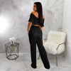 Pleated Ruffled Shoulder Wide-leg Trouser Set