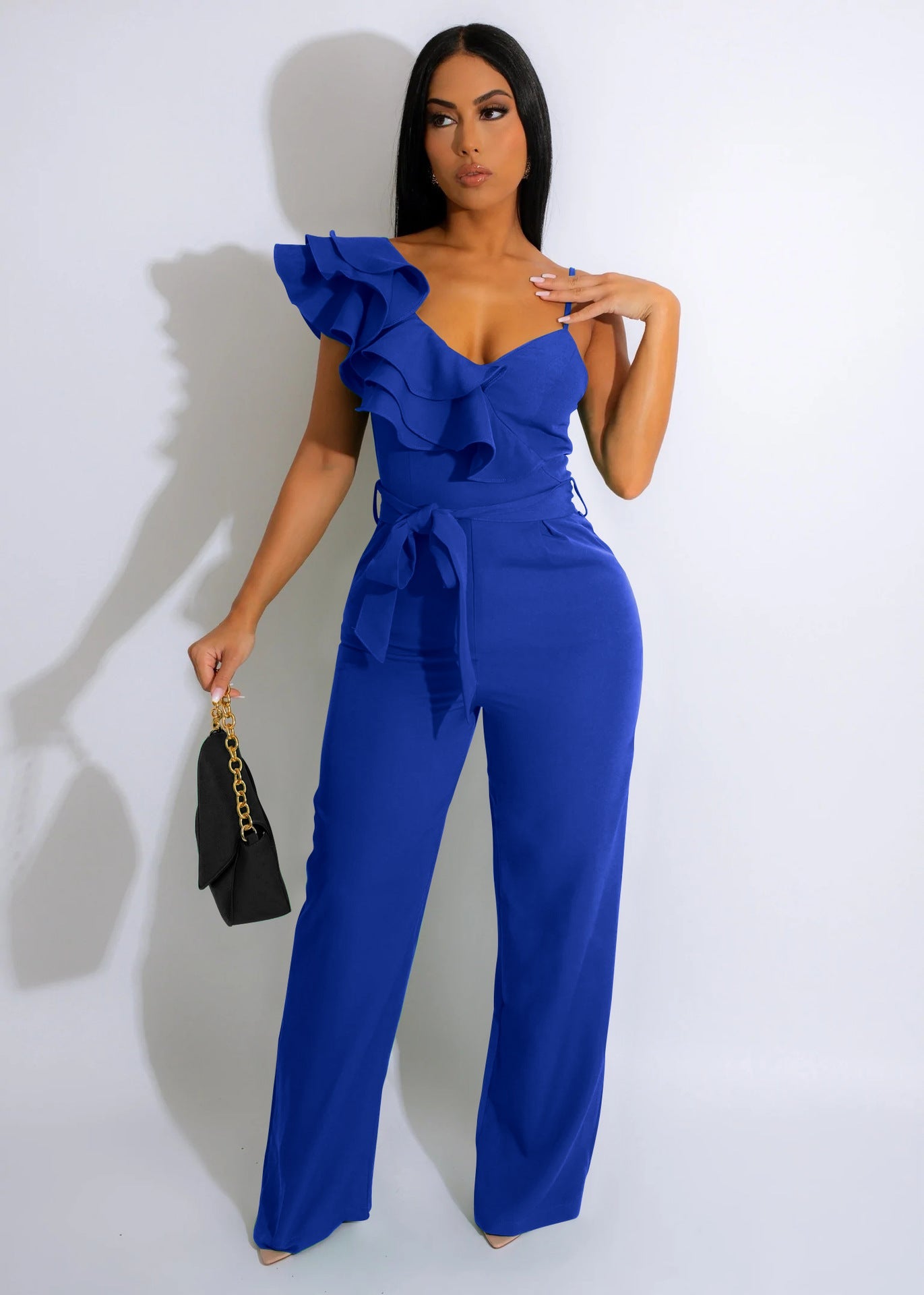 Ruffled Shoulder Sleeveless Waist-deep V Loose Solid Romsuit