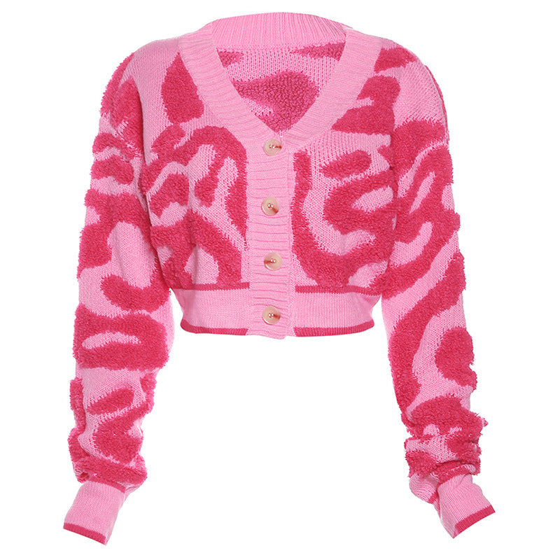 Sweet color-block low-cut V-neck button-up high-rise slim-fit knit top
