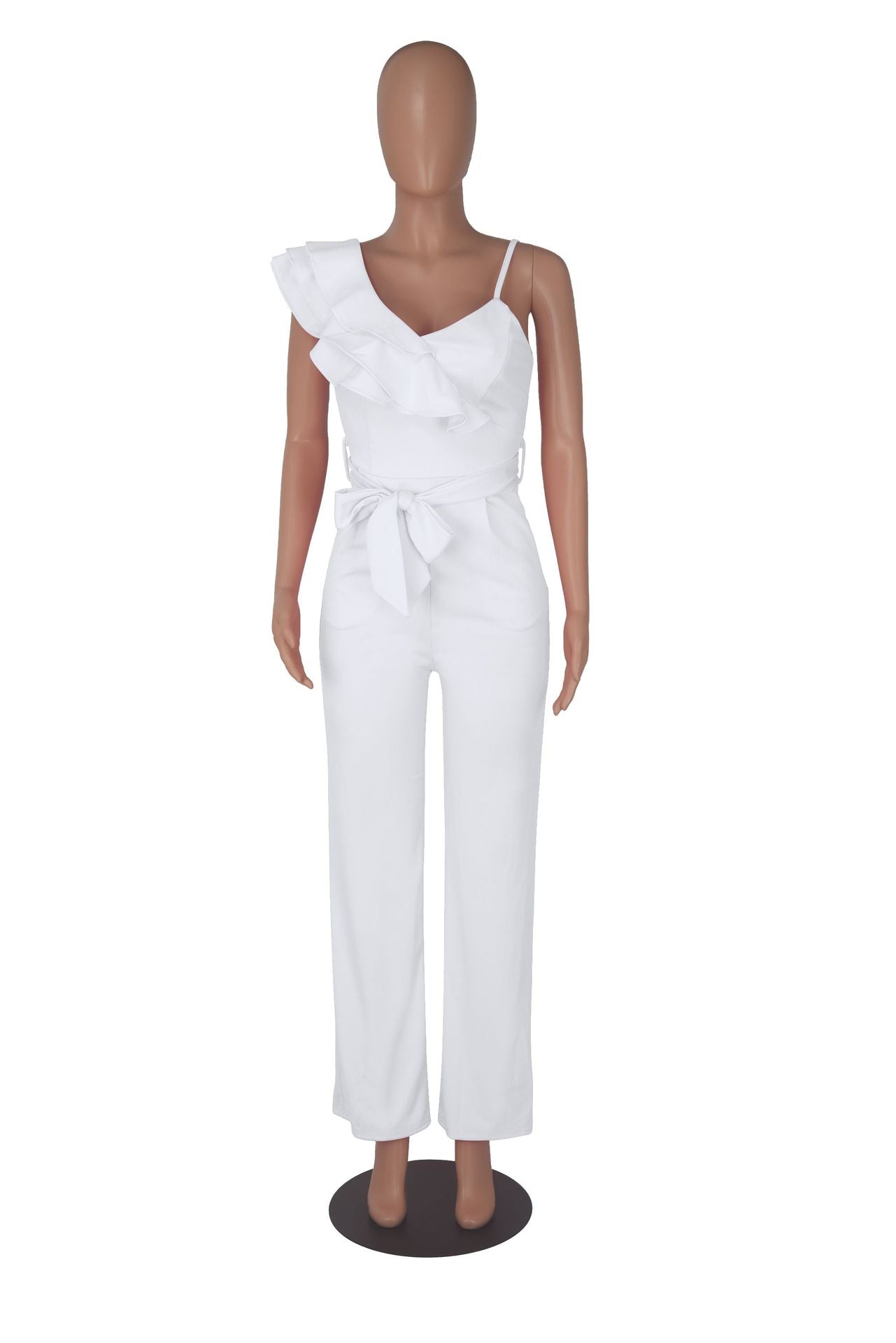 Ruffled Shoulder Sleeveless Waist-deep V Loose Solid Romsuit