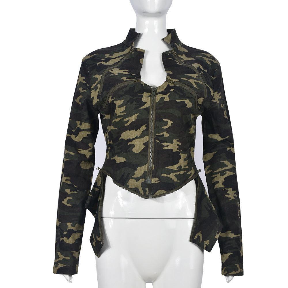 Camouflage Pocket Long-Sleeve Zipper Stand Collar Coat