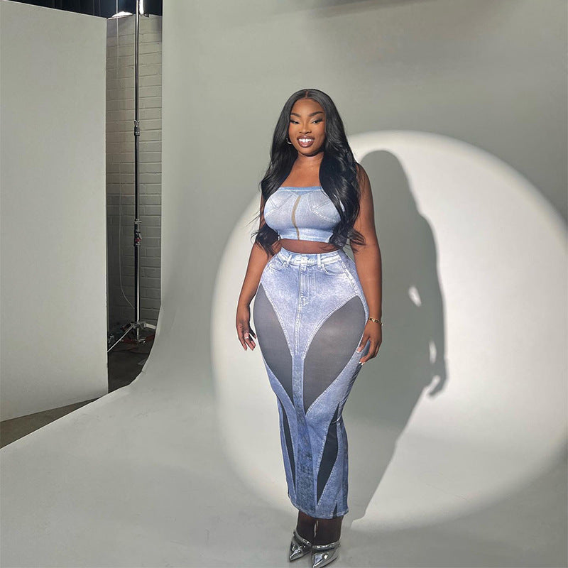 3D Denim Printing Camisole High Waist Slim Fit Skirt Suit