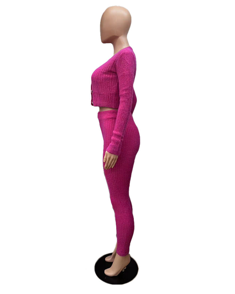 Solid Color Knitted Sweater Sexy Slim-Fit Cardigan 3PC Set
