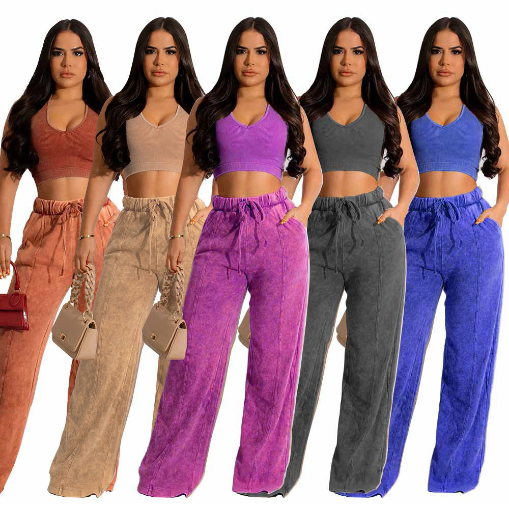 Sleeveless Open Waist Jacket Elastic Waist Wide-leg Pants Suit