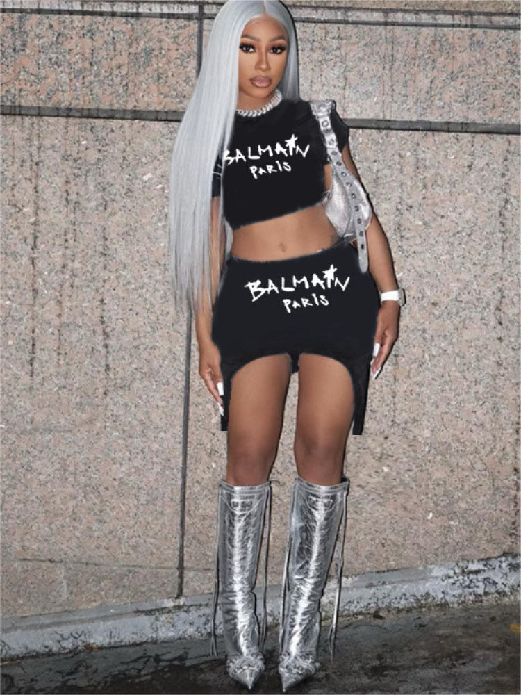 Crop Top Short Sleeve Skirt Two-piece Set