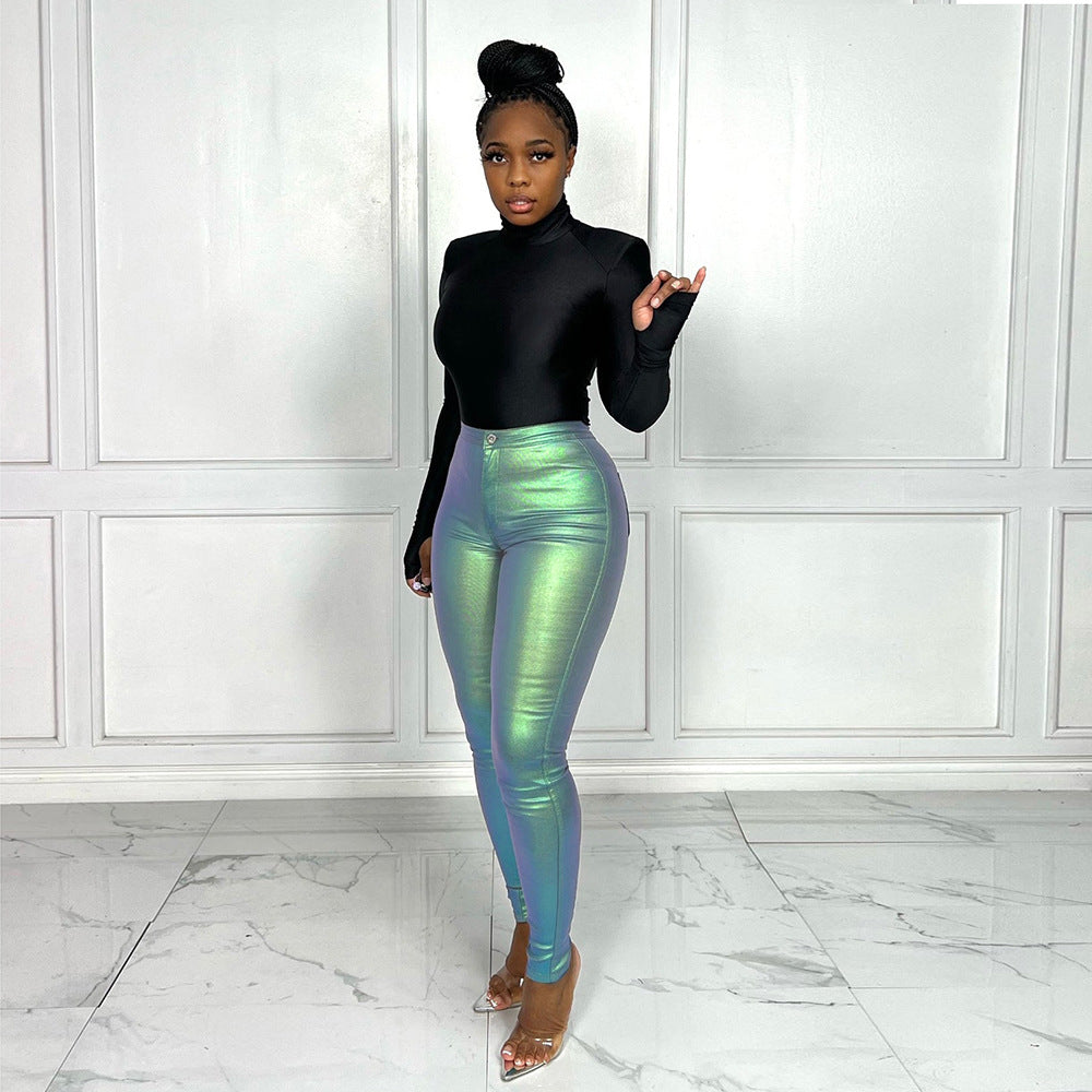 Slim Fit Buttocks Metallic Silver Hot Casual Pants