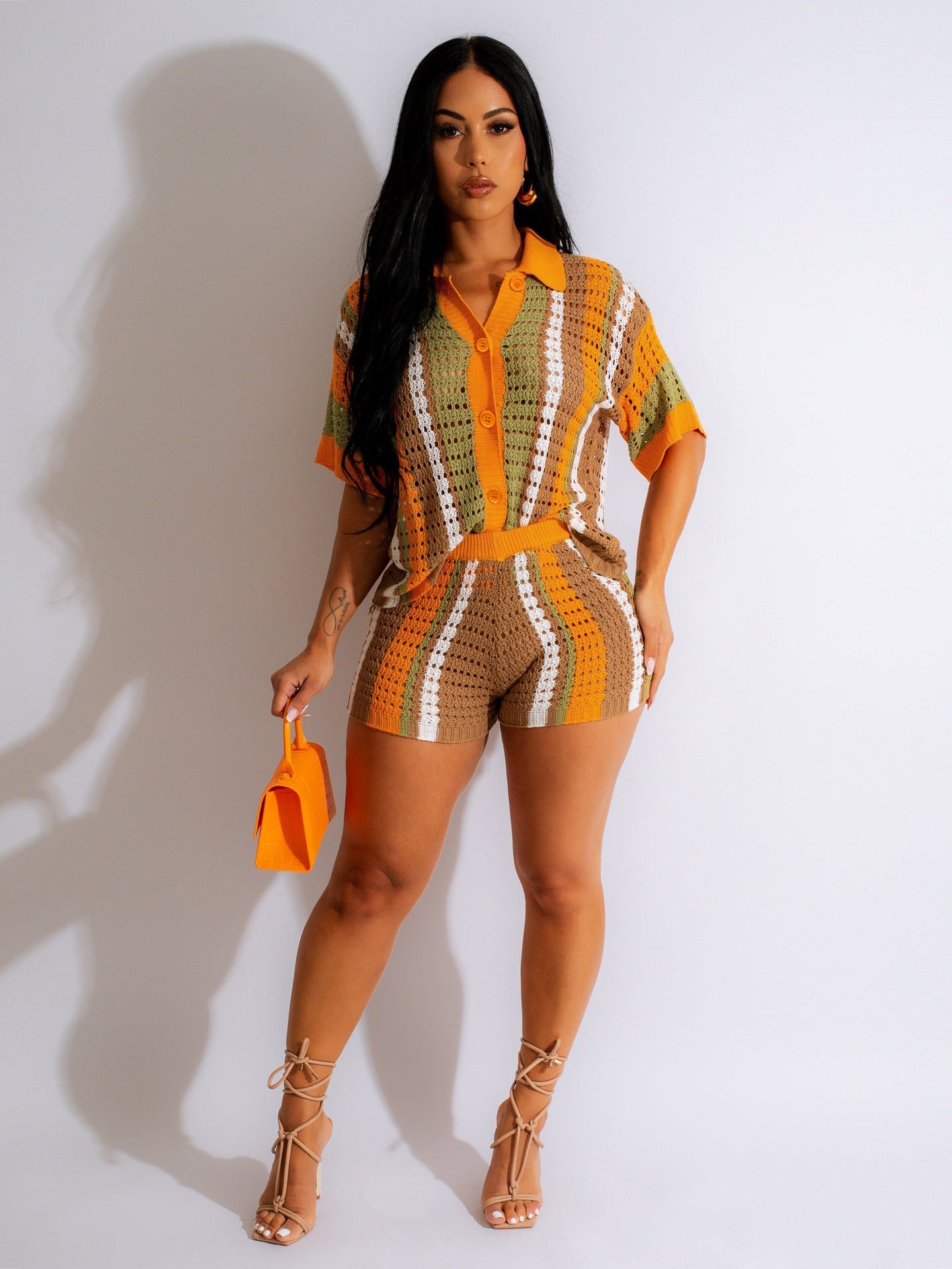 Hollow out See-through Contrast Color Lapels Knitted Shorts Suit