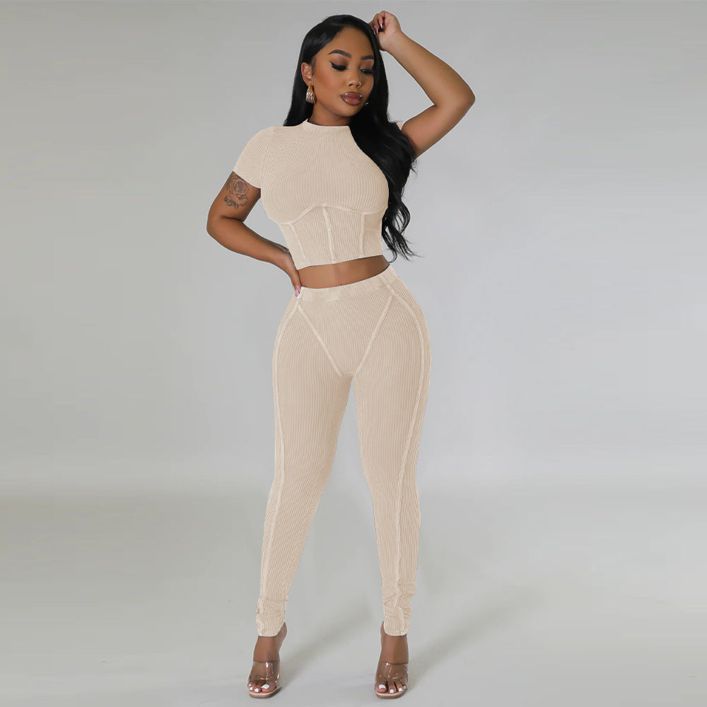 Pit stripe sports round neck tight and navel exposed set