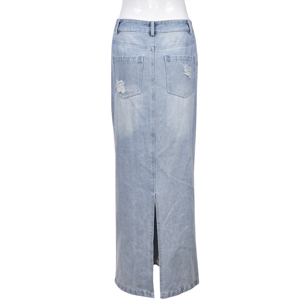 Fashion Personality Denim Wash Pocket Slit Tassel Skirt Female