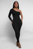 Pit Striped Oblique Shoulder Slim Fit Solid Color Jumpsuit