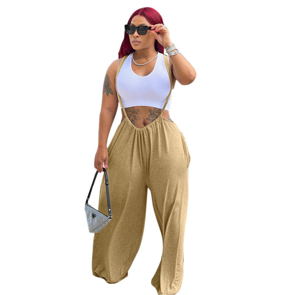 Casual Sports Home Solid Color Loose Suspenders pants