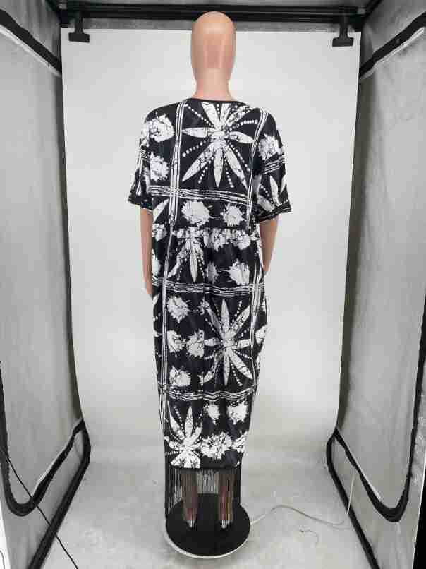 V-neck Fringed Loose Short-sleeved Printed Dress