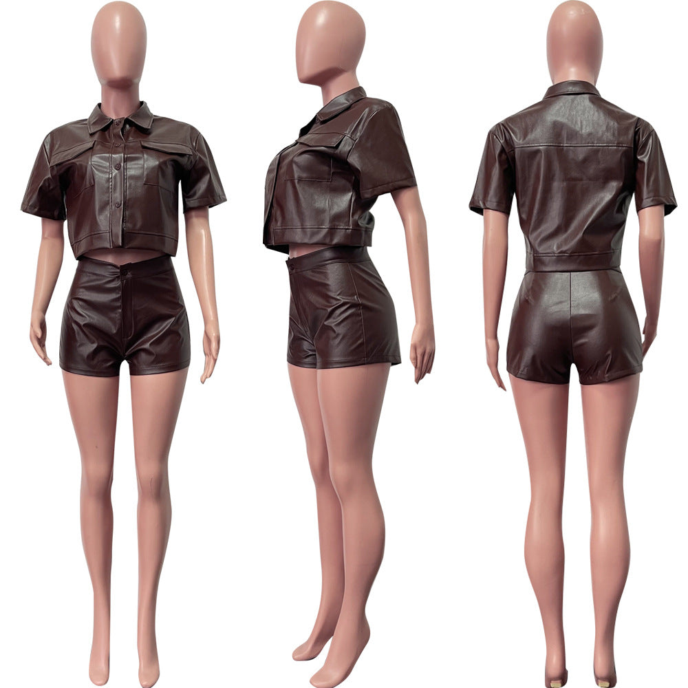 Tight Leather Coat Leather Shorts 2PC Set