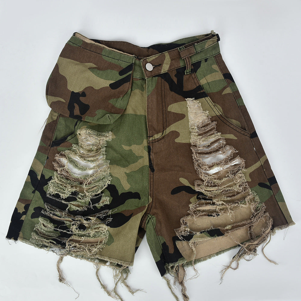 Camouflage Workwear Pocket Tassel Ripped Short