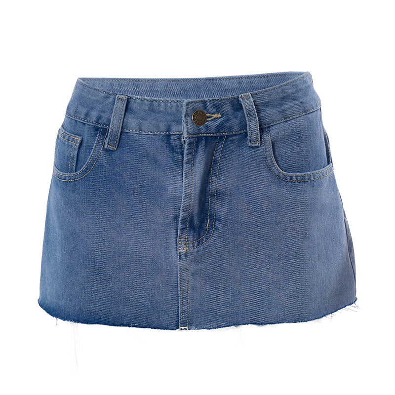 Solid Buttoned Zipper Pocket Slim Short Denim Skirt