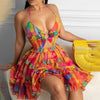 Printed Hollow-out Halter V-neck Cake Dress