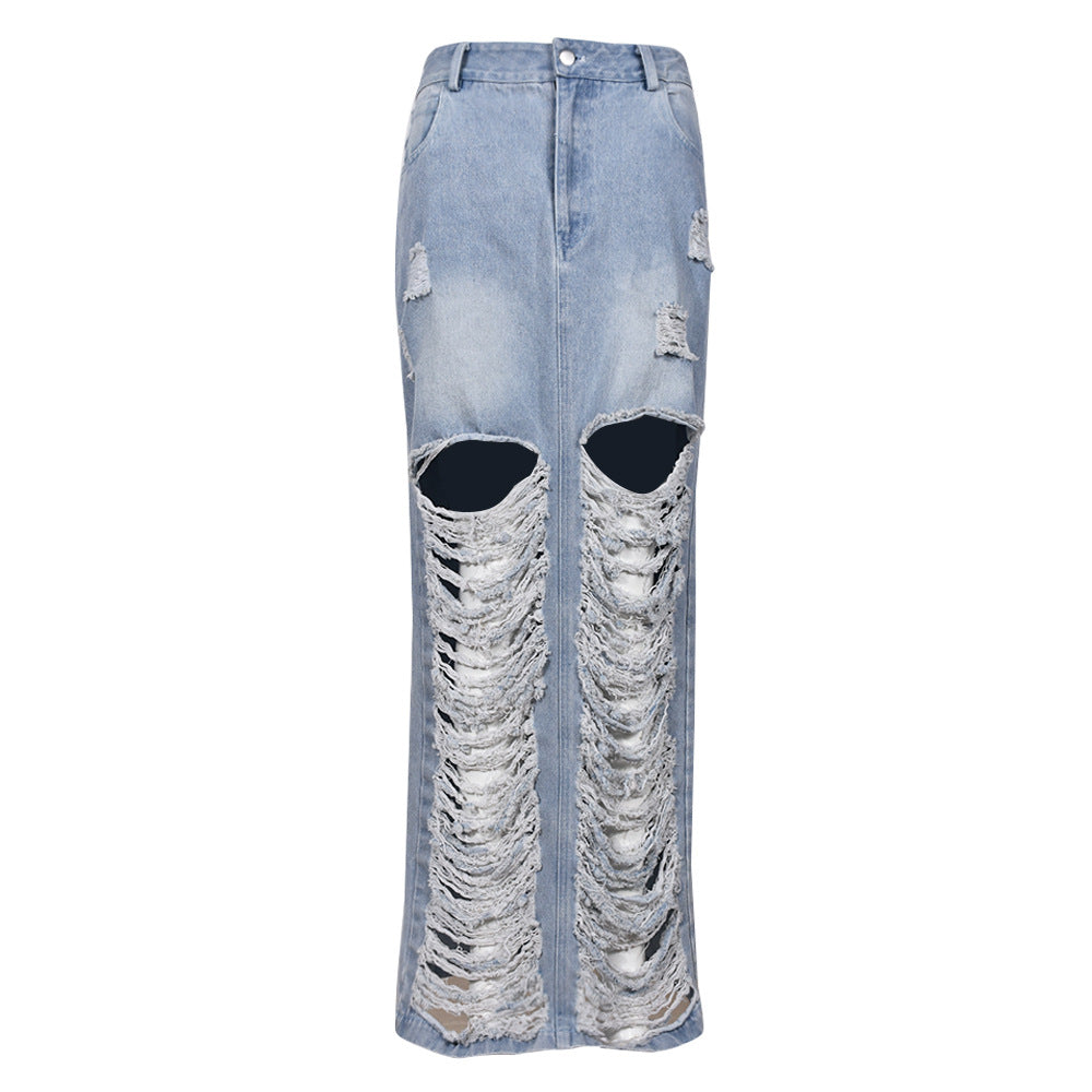 Fashion Personality Denim Wash Pocket Slit Tassel Skirt Female